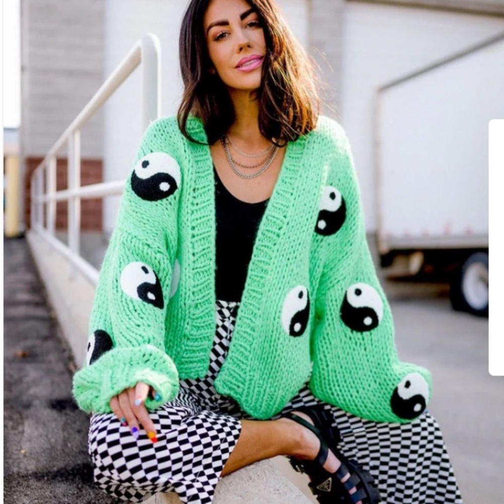 Dressed in LALA Visionary Hand Knit Yin and Yang Cardigan size S/M green